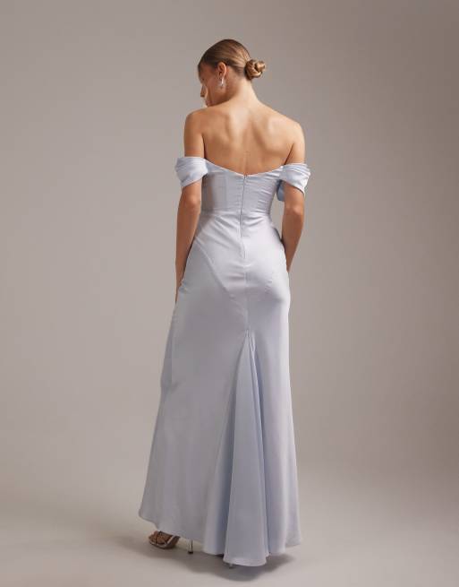 ASOS DESIGN bridesmaids bardot satin maxi dress in blue, 5 of 5