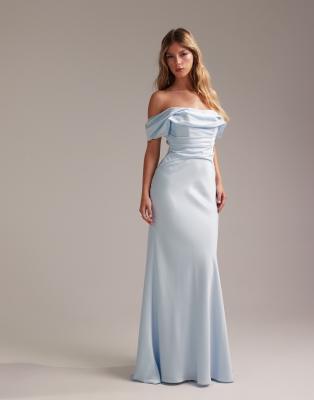 ASOS DESIGN Bridesmaids bardot satin maxi dress in light blue