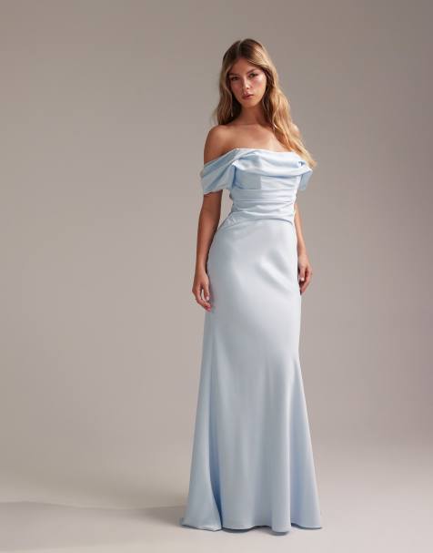 ASOS DESIGN Bridesmaids bardot satin maxi dress in light blue - view 1