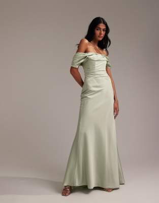 ASOS DESIGN Bridesmaids bardot satin maxi dress in light green