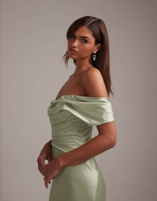 ASOS DESIGN bridesmaids bardot satin maxi dress in sage green, 2 of 6
