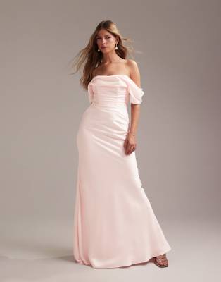 Asos Design Bridesmaids Bardot Satin Maxi Dress In Soft Pink