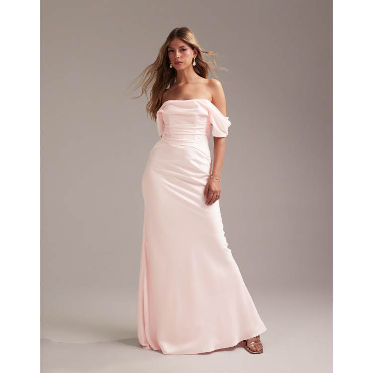ASOS DESIGN Bridesmaids bardot satin maxi dress in soft pink | ASOS