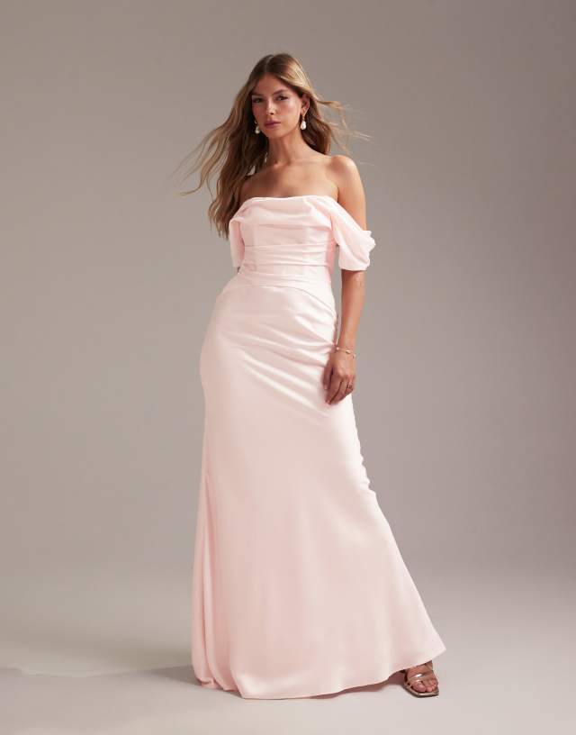 ASOS DESIGN Bridesmaids bardot satin maxi dress in soft pink