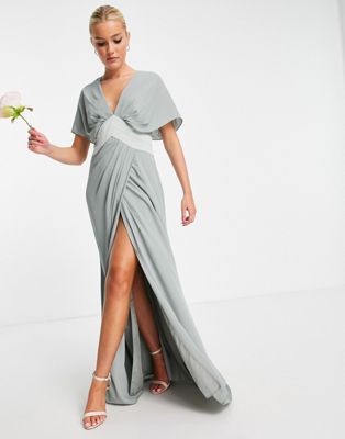 ASOS DESIGN Bridesmaids blouson sleeve maxi dress with satin chevron waist band and button back in olive