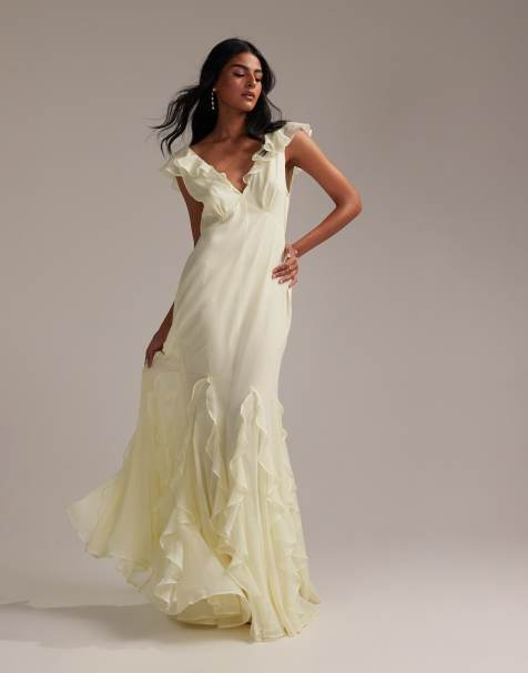 ASOS DESIGN Bridesmaids flutter sleeve bias maxi dress with godet frill hem in soft yellow