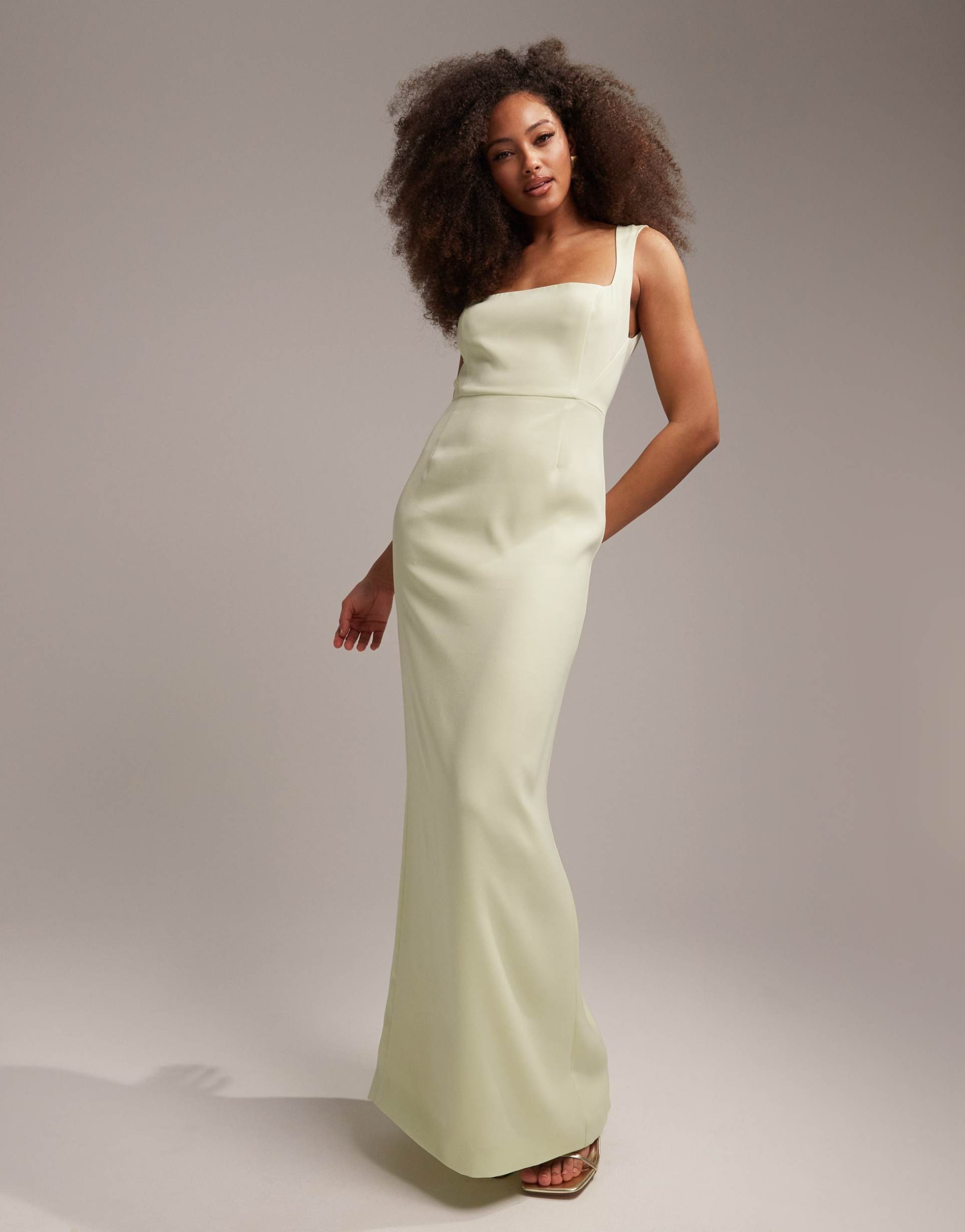 asos design bridesmaids clean square neck crepe maxi dress with split in soft green