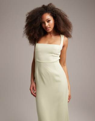 ASOS DESIGN Bridesmaids clean square neck crepe maxi dress with split in  soft green | ASOS