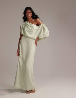 Asos Design Bridesmaids Crepe One Shoulder Draped Maxi Dress In Light Green