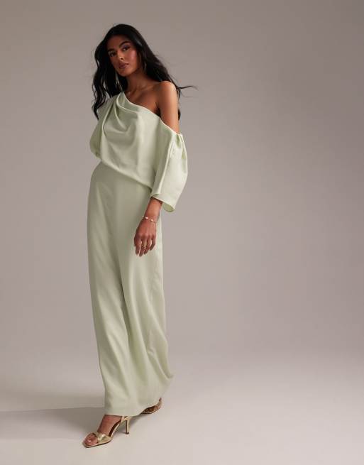 ASOS DESIGN - Brudepiger - Draperet og lysegrøn oneshoulder-maxikjole i crepe-stof