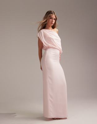 ASOS DESIGN Bridesmaids crepe one shoulder draped maxi dress in soft pink