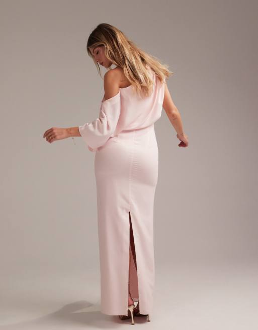 ASOS DESIGN Bridesmaids crepe one shoulder draped maxi dress in soft pink
