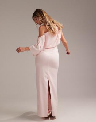 ASOS DESIGN Bridesmaids crepe one shoulder draped maxi dress in soft pink