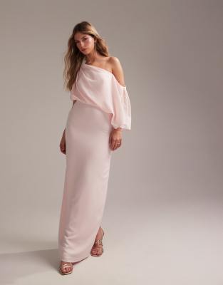 ASOS DESIGN Bridesmaids crepe one shoulder draped maxi dress in soft pink