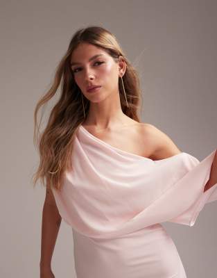 ASOS DESIGN Bridesmaids crepe one shoulder draped maxi dress in soft pink