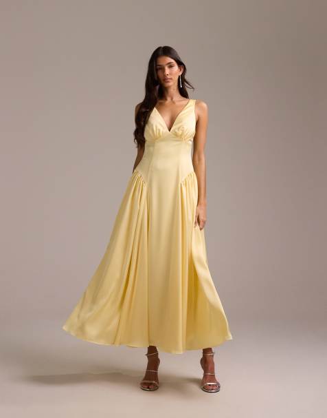ASOS DESIGN Bridesmaids – Cytrynowa satynowa sukienka midi z głębokim dekoltem i obniżoną talią - view 1