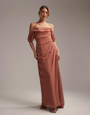 ASOS DESIGN ASOS DESIGN Bridesmaids draped bardot midaxi dress in dusky rose-Pink