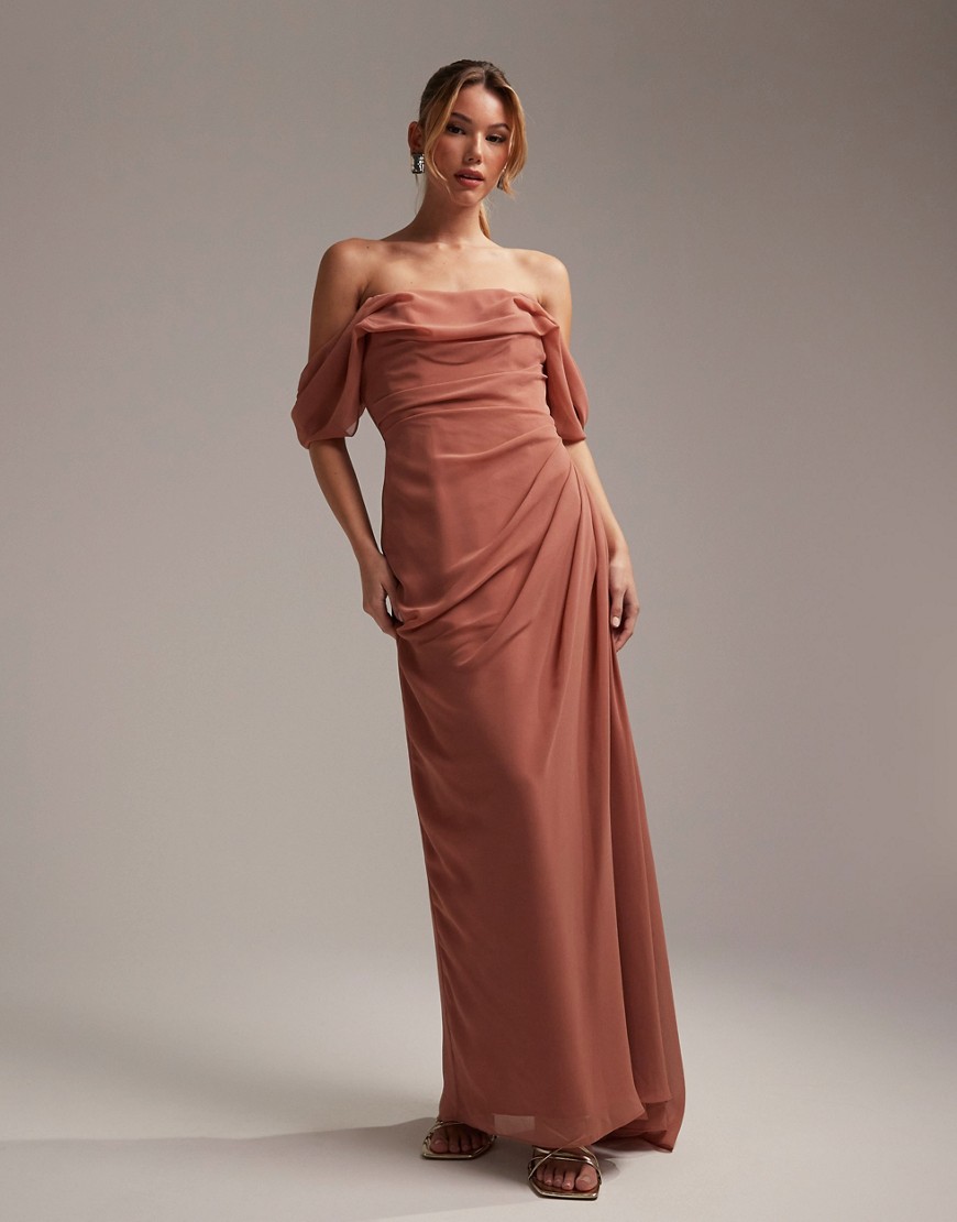 ASOS DESIGN Bridesmaids draped bardot midaxi dress in dusky rose-Pink