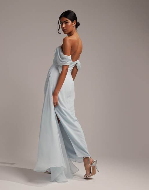 ASOS DESIGN Bridesmaids draped bardot midaxi dress in light blue ASOS