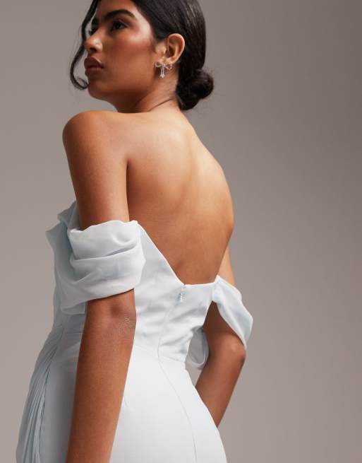 ASOS DESIGN Bridesmaids draped bardot midaxi dress in light blue | ASOS
