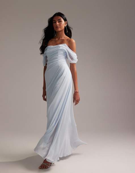 ASOS DESIGN Bridesmaids draped bardot midaxi dress in light blue - view 1