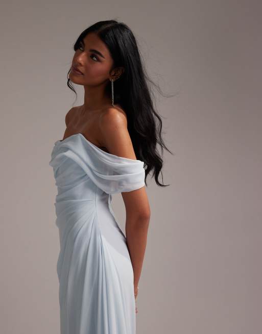 ASOS DESIGN Bridesmaids draped bardot midaxi dress in light blue