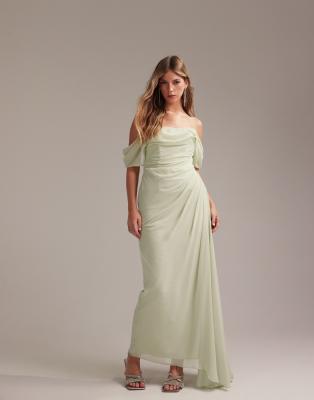 ASOS DESIGN Bridesmaids draped bardot midaxi dress in light green