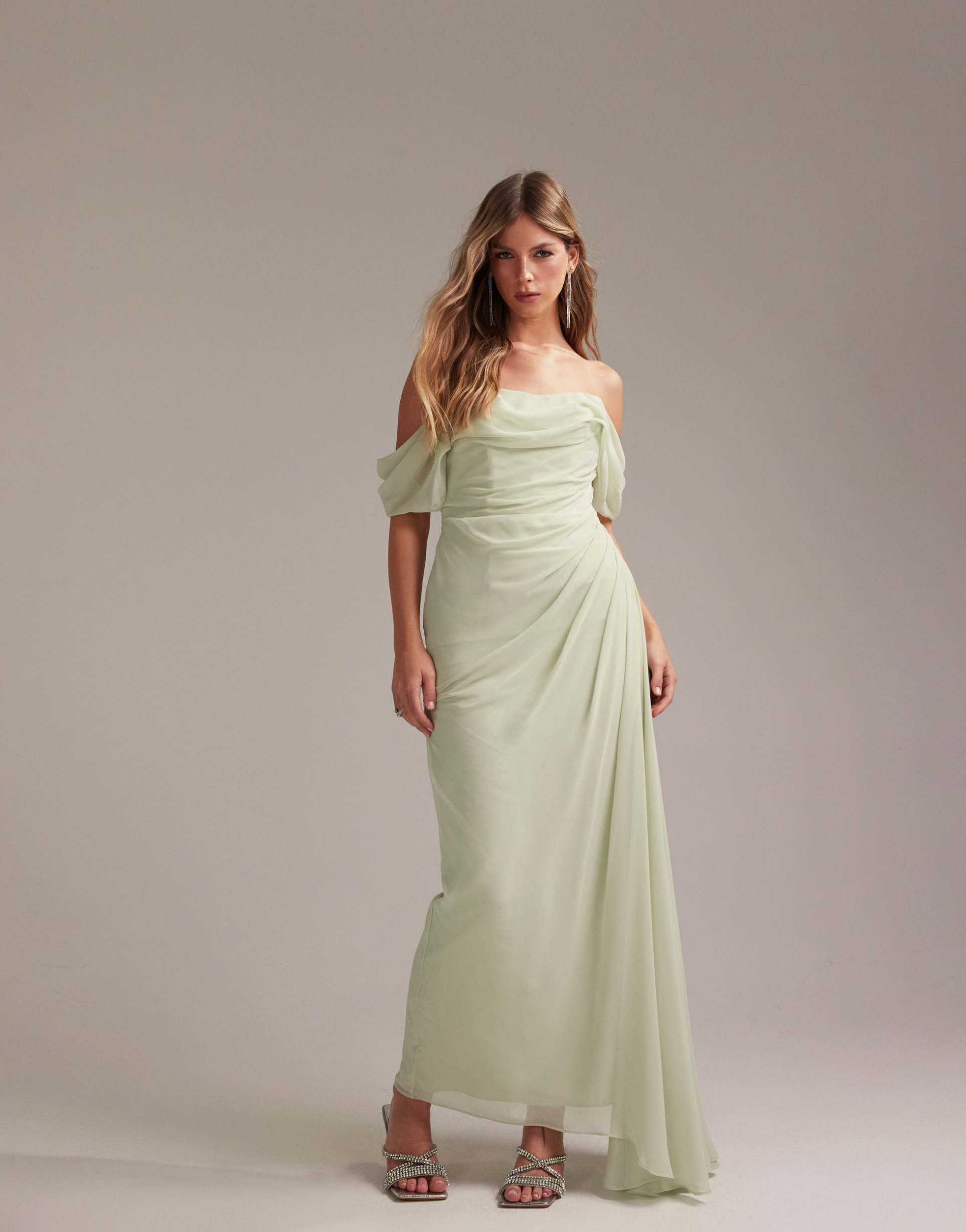 asos design bridesmaids draped bardot midaxi dress in light green