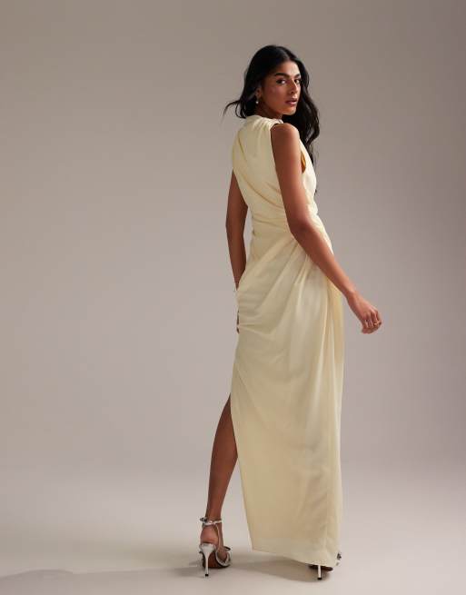 ASOS DESIGN - L'invitée - Robe longue en crêpe avec superposition drapée - Jaune pâle