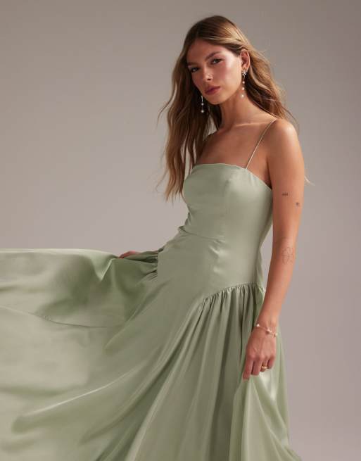 ASOS DESIGN Bridesmaids drop waist tie detail cami midaxi dress in light green
