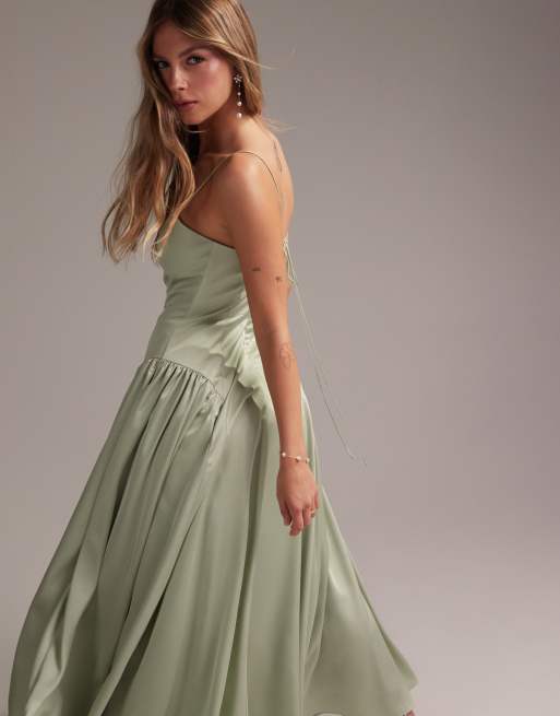 ASOS DESIGN Bridesmaids drop waist tie detail cami midaxi dress in light green