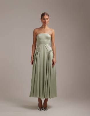 Asos Design Bridesmaids Drop Waist Tie Detail Cami Midaxi Dress In Green