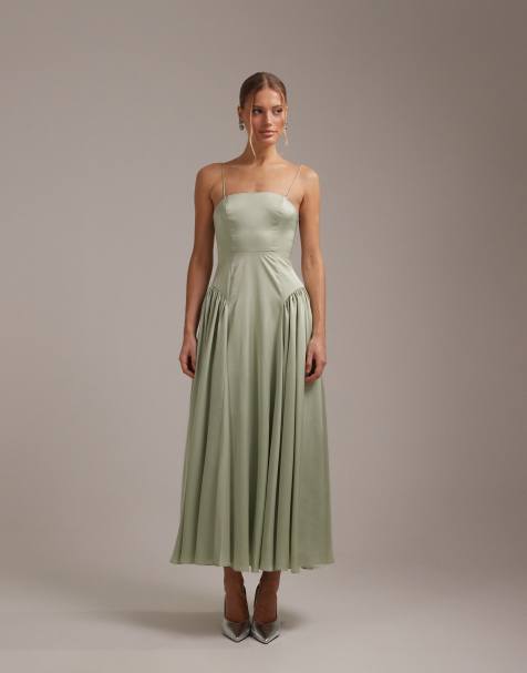 ASOS DESIGN Bridesmaids drop waist tie detail cami midaxi dress in sage green - view 1