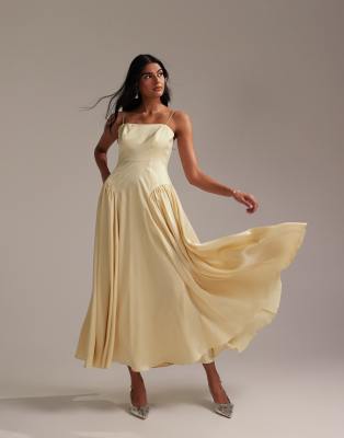 Asos Design Bridesmaids Drop Waist Tie Detail Cami Midaxi Dress In Soft Yellow