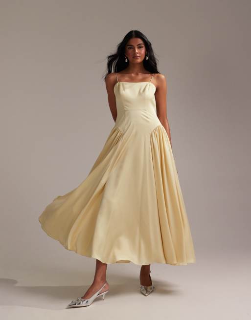 ASOS DESIGN Bridesmaids drop waist tie detail cami midaxi dress in soft yellow