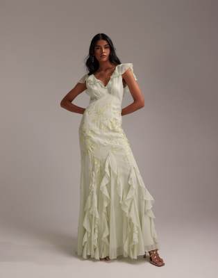 Asos Design Bridesmaids Embroidered Flutter Sleeve Bias Maxi Dress With Flare Frill Hem In Light Green