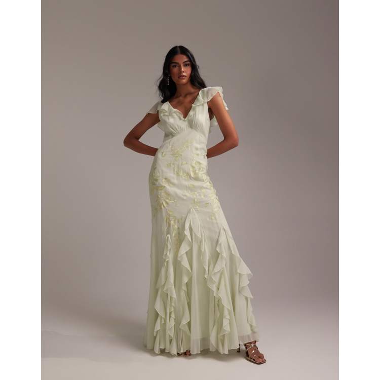 asos embroidered bridesmaid dress ASOS DESIGN Bridesmaid floral embroidered flutter sleeve midi dress with  embellishment in sage green