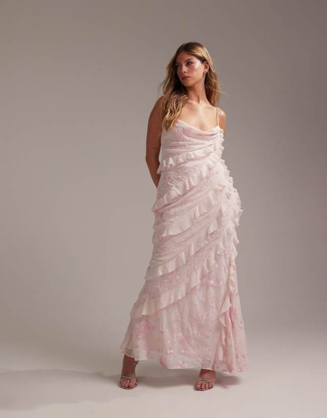 ASOS DESIGN Bridesmaids embroidered ruffle cami bias maxi dress in soft pink