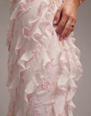 Asos Design Bridesmaids Embroidered Ruffle Cami Bias Maxi Dress In Pink
