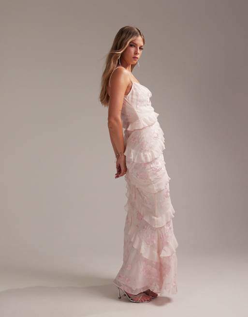 ASOS DESIGN Bridesmaids embroidered ruffle cami bias maxi dress in soft pink, 4 of 5