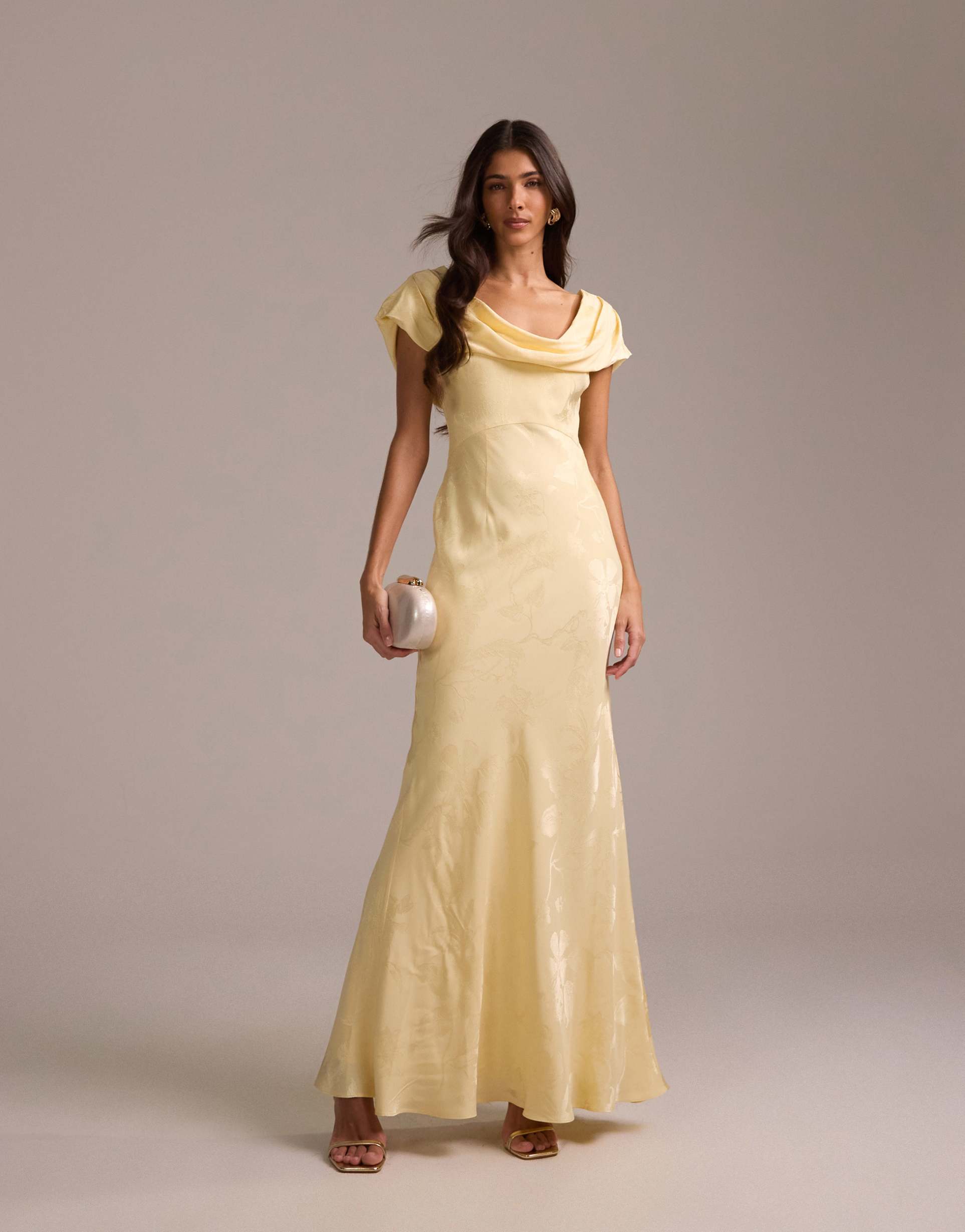 asos design bridesmaids fallen shoulder jacquard maxi dress in pale yellow