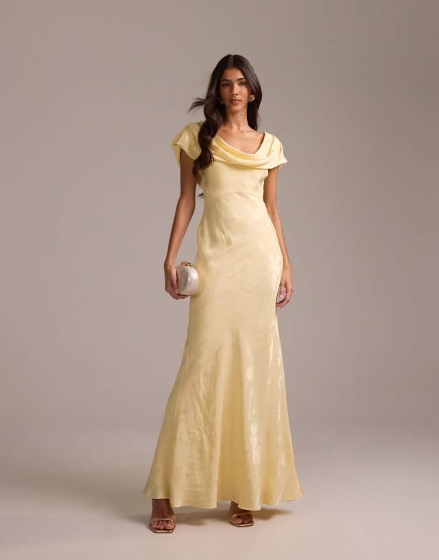 asos yellow bridesmaid dress ASOS DESIGN bridesmaids fallen shoulder jacquard maxi dress in pale yellow