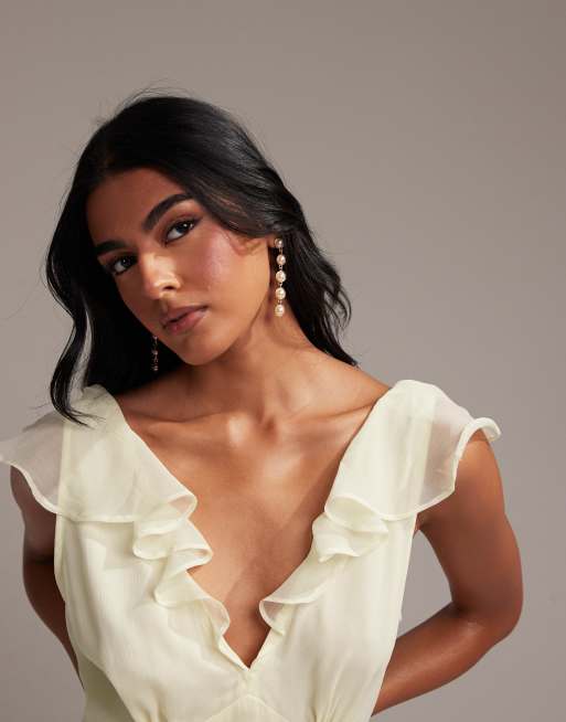 ASOS DESIGN Bridesmaids flutter sleeve bias cut maxi dress with godet frill hem in soft yellow