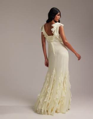 ASOS DESIGN Bridesmaids flutter sleeve bias cut maxi dress with godet frill hem in soft yellow