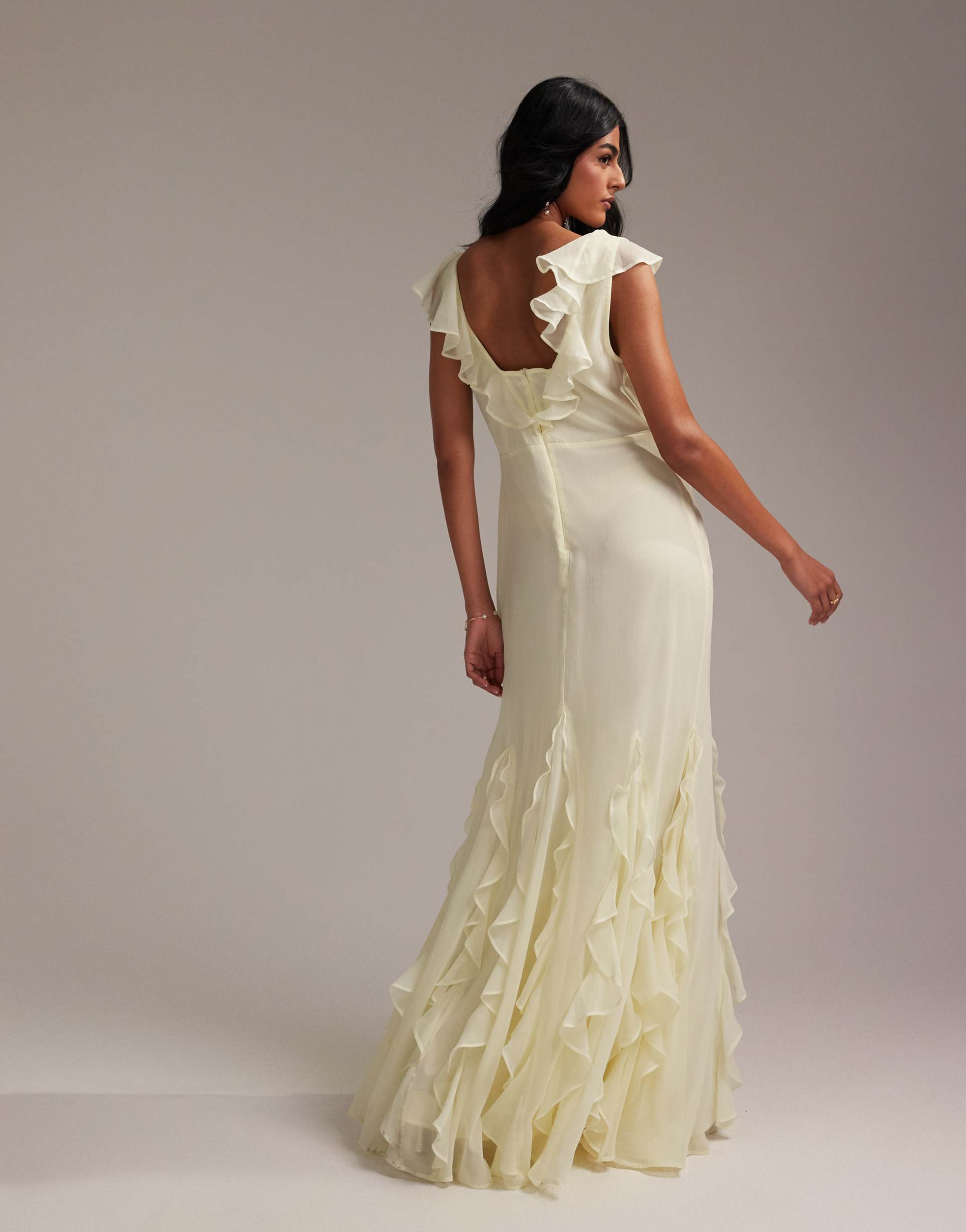 asos design bridesmaids flutter sleeve bias cut maxi dress with godet frill hem in soft yellow