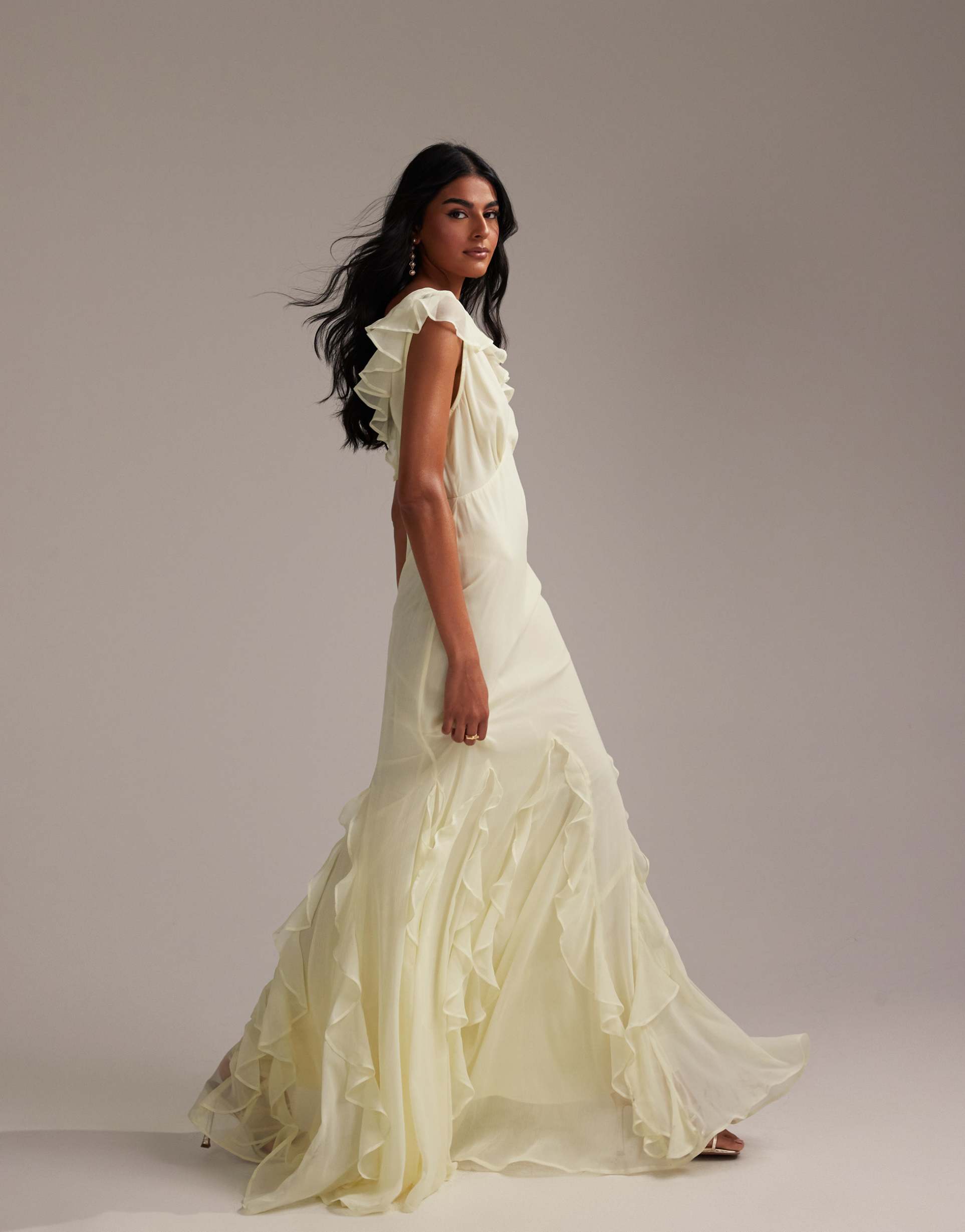 asos design bridesmaids flutter sleeve bias cut maxi dress with godet frill hem in soft yellow