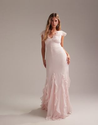 Asos Design Bridesmaids Flutter Sleeve Bias Maxi Dress With Flare Frill Hem In Soft Pink