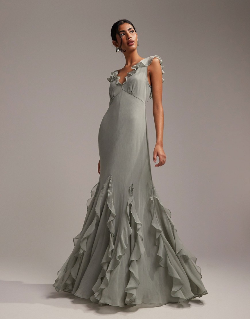 Asos Design Bridesmaids Flutter Sleeve Bias Maxi Dress With Flared Frill Hem In Sage Green