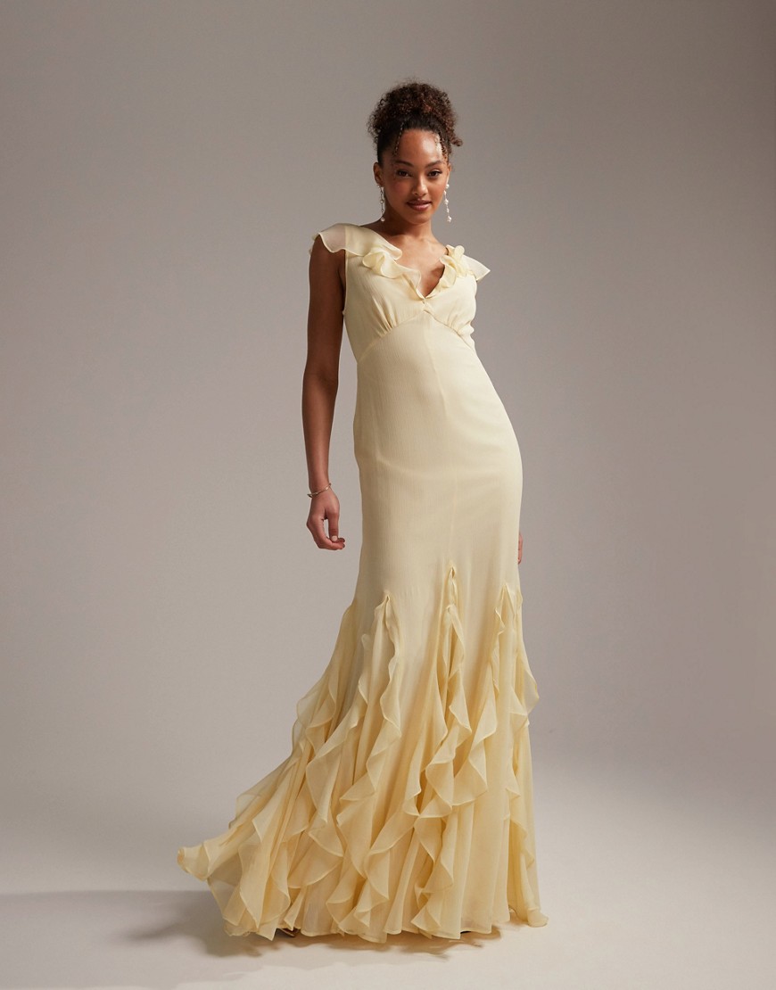ASOS DESIGN Bridesmaids flutter sleeve bias maxi dress with godet frill hem in pastel yellow