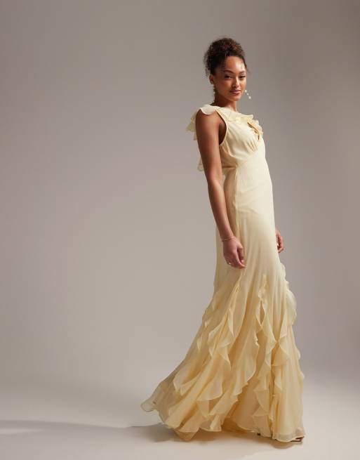 ASOS DESIGN Bridesmaids flutter sleeve bias maxi dress with godet frill hem in pastel yellow ASOS